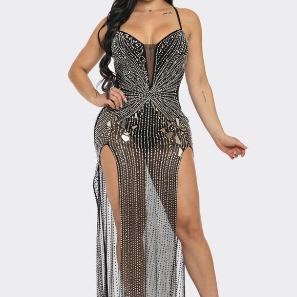 Front Split Mirror Rhinestone Maxi Dress - Picture 4 of 6